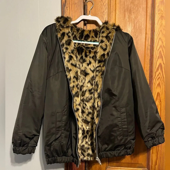 AE Reversible Faux Leopard Fur Hooded Coat XS - Picture 2 of 5